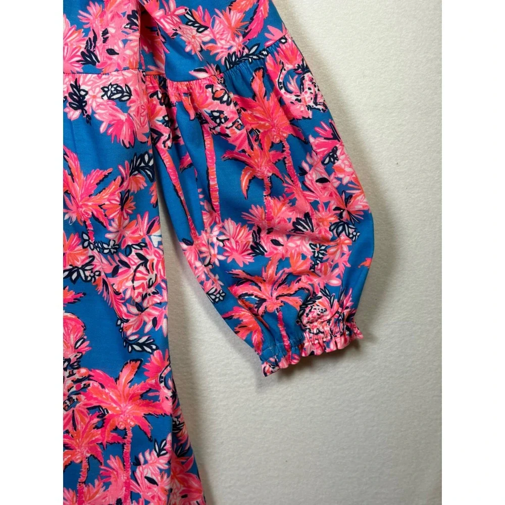 Lilly Pulitzer Babydoll Dress Womens XL Blue Pink Excellent Tropical Palm Print - Picture 5 of 8